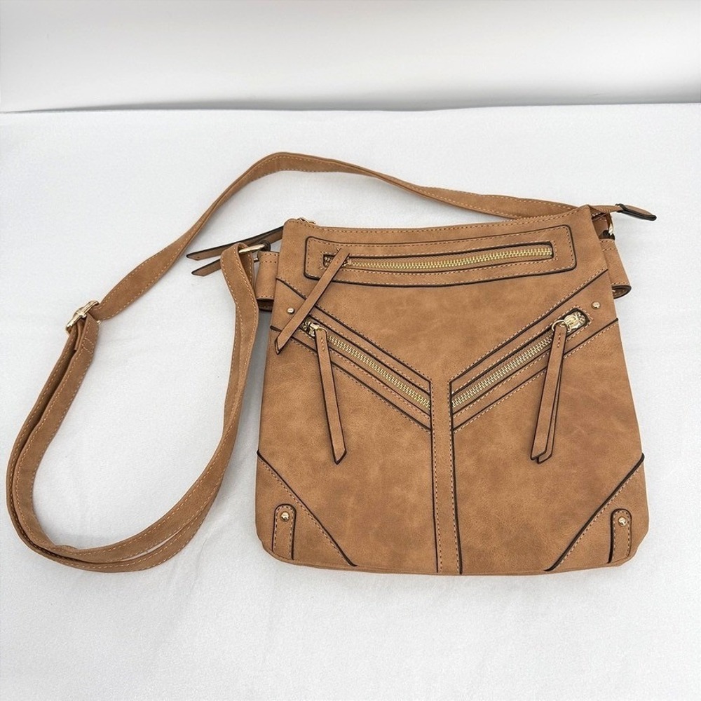 Crossbody Bag Faux Leather Brown Gold Zipper Casual Thin Country Core‎ Neutral